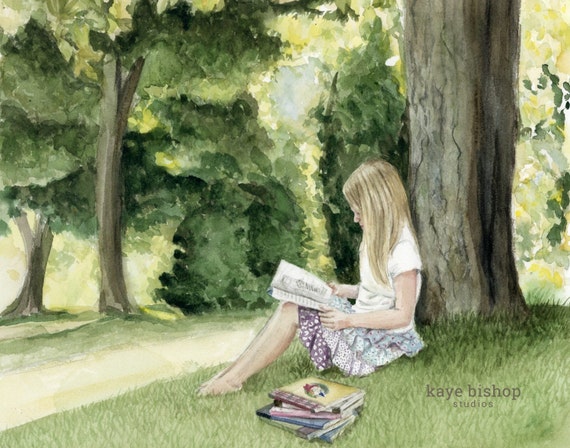 reading tree painting watercolor drawing leaning against young quiet