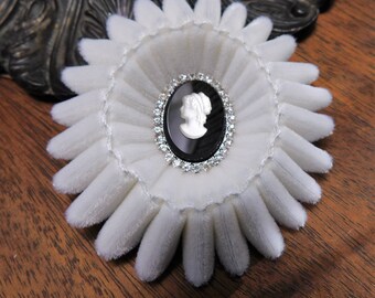 White Velvet Cameo Folded Cocarde Brooch