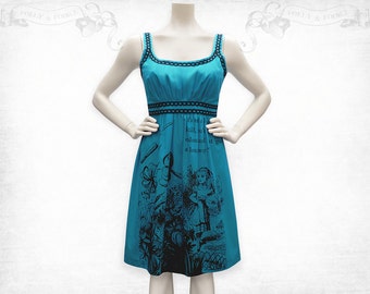 Alice in Wonderland screenprinted Cotton Dress Blue