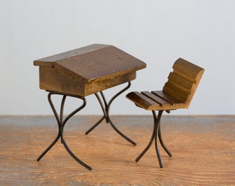 Wood and Metal Antique Style School Desk & Chair - 1:12 Scale Vintage Dollhouse Furniture