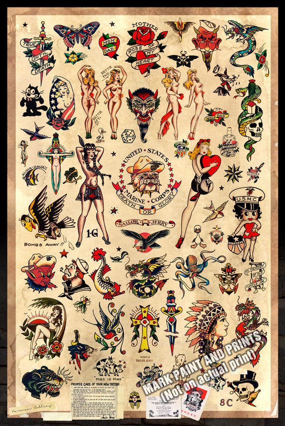 Sailor Jerry Tattoo Flash 2 Poster Print 24x36