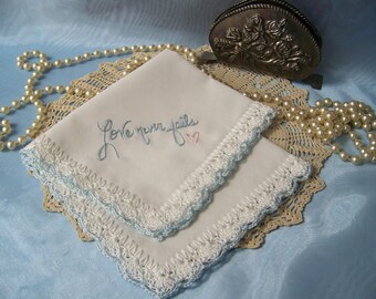 Bridal Keepsake, Something Blue, Lace Handkerchief, Hankie, Hanky, Hand Crochet, Embroidered, Personalized, Love, Custom, Ready to ship