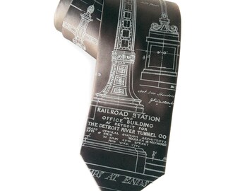 Detroit Train Station necktie. Michigan Central Station tie, Ironwork detail. Men's 100% silk tie. Silkscreened blueprint, pale gray print.