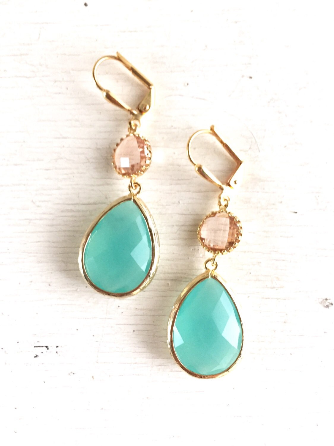 Aqua Mint and Champagne Peach Dangle Earrings in Gold.