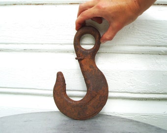 Metal Hook, Heavy Large Cast Iron Rustic Found Object, Primitive Garden or Home Decor, Salvaged Altered Art Supply