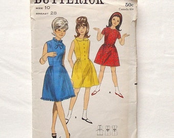 Vintage 60's Butterick Girls' One-Piece Dress Pattern #3813 -Sz 10 (Breast 28) - UNCUT/Refolded