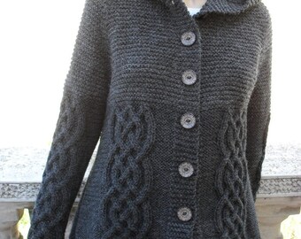 Knit Sweater Womens Cable Knit Jacket Cardigan Dark Grey Hooded Coat
