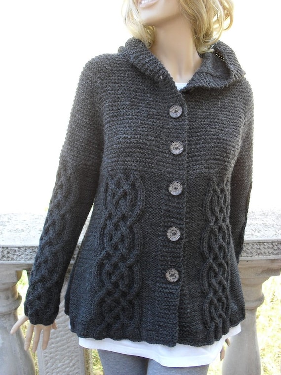 Knit Sweater Womens Cable Knit Jacket Cardigan Dark Grey