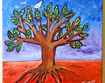 Tree of Life, Peace Dove, Original Acrylic Painting, Canvas, Shalom Artwork, Peace Dove with Olive Branch, Judaica Art, 8X8 Inch, Wall Art