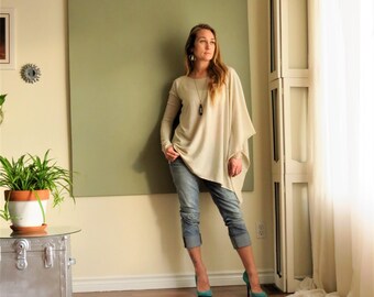 Asymmetric Boho Poncho Sweater OverSized Long Sleeved Tunic Boxy Round Neck Soft Lightweight Knit Maternity - XS - XL - More Colours