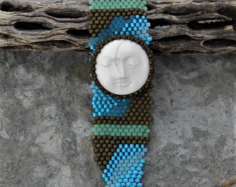 Free Form Peyote Stitch Beaded Bracelet Cuff - Two Face Moon - Beaded Cabochon - Bead Weaving - Handcarve Ox Bone - BOHO