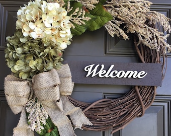 Hydrangea front door wreath - everyday wreath with accent - welcome wreath - summer wreath - front door decor - Year round wreath - gift