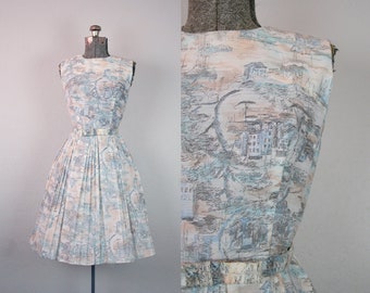 1960's Blue and Blush Shipping Village Novelty Print Sun Dress / Size Small Medium