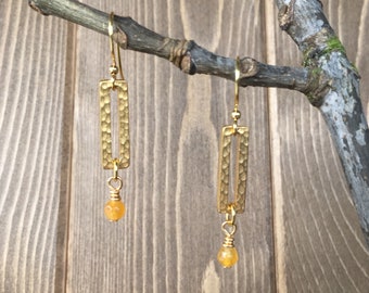Gold Matte Rectangle Drop Earrings with Yellow Jade Gemstone