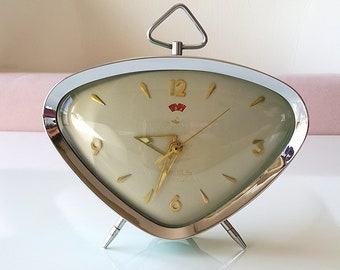 Vintage alarm clock Retro desk clock Triangle metal clock Wind up mechanical working clock Chinese Old table clock Mint green and gray retro