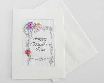 Mother's Day card, embroidered lavender silk rose greeting card, silk ribbon card, handmade card, ribbon embroidery card