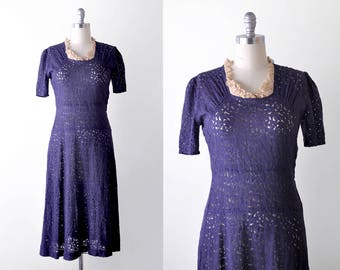 30's lace dress. m. 1930's vintage dress. navy blue. drop waist. collar.