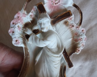 Antique Victorian, Art Nouveau c1900, Porcelain Holy Water Font with Jesus Christ Carrying the Cross, Made in Germany, Christian