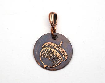 Copper acorn pendant, small round flat jewelry, optional necklace, 22mm