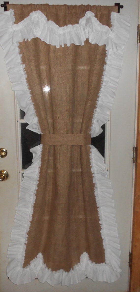 Country Primitive Cottage Burlap French Door Panel Back Country Primitive Cottage Burlap French Door Panel Back 30 X 70 With White Priscilla Ruffle Scalloped Unlined