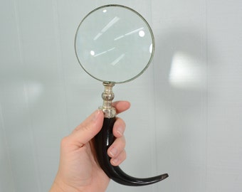 Vintage Black Horn Magnifying Glass - Curved Handle, Unsigned - Mid Century Office, Study, Library Accessory