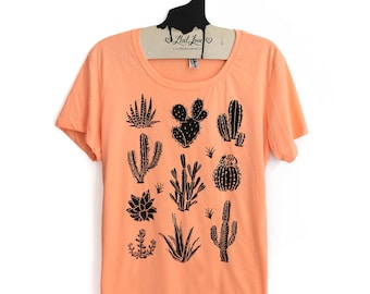 2XL- Tri-Blend Peach Fitted Crew Neck Tee with Cactus Screen Print