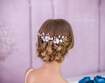 White bridal hair pins Flower hair pins ivory Wedding hair pins Rhinestone hair pins Crystal hair pins Floral hair pins Bridal hairpin