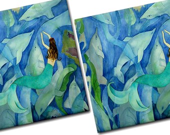 Dolphins and Mermaid Party Ceramic Tile Coasters from my art