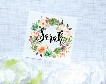 Succulent Wreath Monogram Decal, Watercolor Succulent Decal, Monogram Sticker, Vinyl Decal for tumbler or water bottle, Succulent Decal