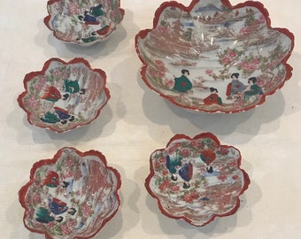 Five Japanese Red Scenic Rice bowls/ Different sizes