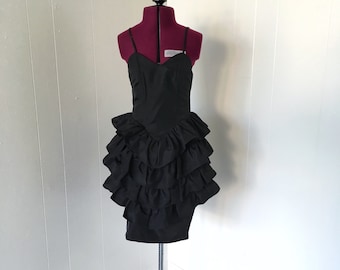 Vintage Strapless 80s Black Ruffle Prom Dress Sz XXS