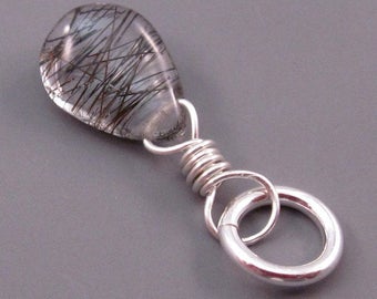 Black Rutilated Quartz Pendant, Rutile Quartz Charm, Sterling Silver Wire Wrapped Pendant, Wire Wrapped Briolette with Jump Ring Stone 91