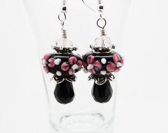 Black Drop Earrings, Black Earrings, Black Crystal Earrings, Crystal Earrings, Drop Earrings, Black Dangle Earrings, Lampwork Earrings