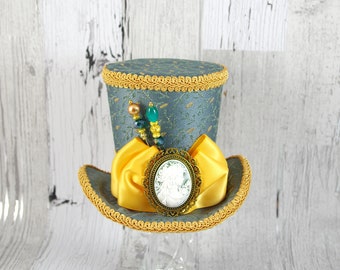 Teal and Gold Cameo Minimalist Large Mini Top Hat Fascinator, Alice in Wonderland, Mad Hatter Tea Party, Derby Hat