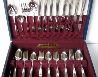 Vintage Oneida Tudor Plate Silverware Set - Oneida Community Silversmiths, Flatware, Service for 8, Hostess Pieces, With tarnish proof chest