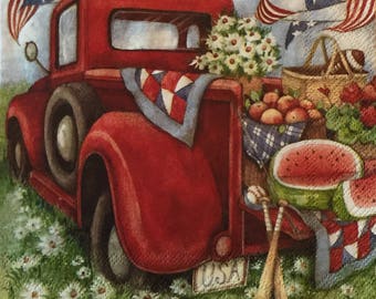 3 Decoupage Beverage Napkin 10" x 10" Red Pickup Truck 4th of July Summer Picnic
