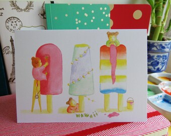 Kawaii Kokeshi Popsicles Sample Cards-Playful Kokeshi Friendship Cards--Japanese Kokeshi Birthday Cards--Hawaii Cards