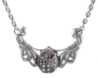 Steampunk Jewelry Necklace Vintage Watch Victorian Silver Filigree Bridesmaids, Wedding Anniversary Mothers - Jewelry by Steampunk Boutique