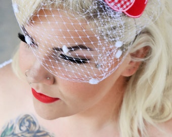 Cherry Bomb Flocked White Birdcage Veil