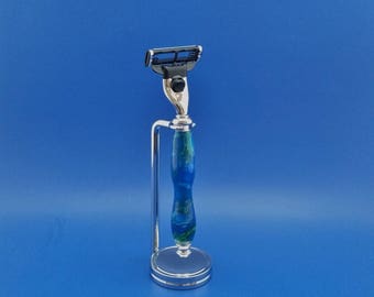 Handcrafted Razor Handle and stand, Acrylic, chrome, Mach3 or Fusion