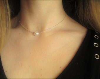 Silver/Gold pearl necklace- single pearl necklace, pearl choker, floating pearl necklace, bridesmaids pearl necklace