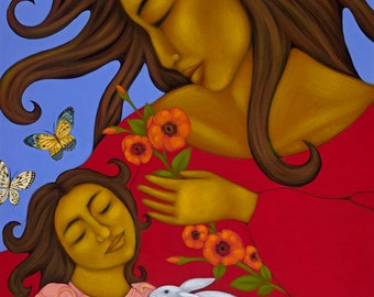 Mexican Folk Art Mother & Child Wall Decor Print of Original Painting By Tamara Adams
