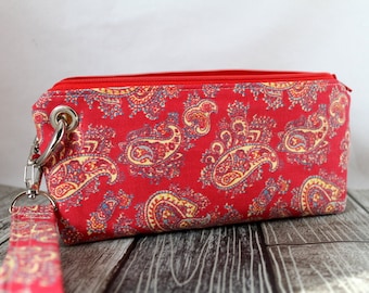 Zipper Pouch Clutch Wallet - Long Wallet - Cell Phone Wallet - Errand Runner - Evening Bag - Red Yellow Paisley