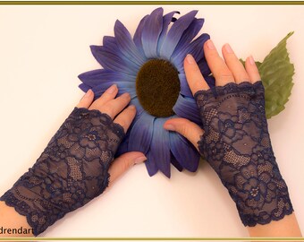 Wedding Gloves, Navy Gloves, Lace Gloves, Fingerless Gloves, Stretch Lace Gloves, Party Gloves, Bridal Gloves