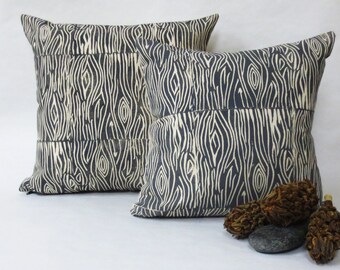 Hand Printed Wood Grain Pillow - Grey Wood Print - Woodland Collection