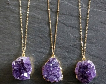 SALE / Amethyst Necklace / Amethyst Jewelry / Druzy Necklace / February Birthstone / Raw Crystal Necklace / Gold Amethyst Druzy