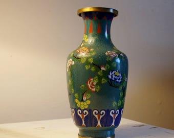 Antique Chinese Cloisonne Vase Teal Floral 1800's