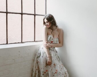 Embroidered Gown, floral wedding dress, prom dress, embroidery, white embroidered dress, boho dress, strapless, spring wedding