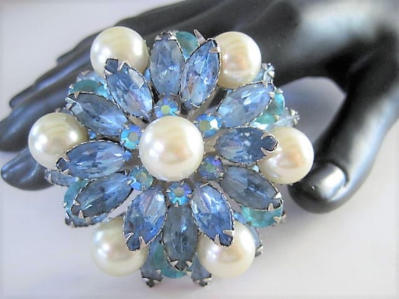 Blue Pearl Brooch, High Domed Rhinestones, Large Faux Pearls, Silver Tone Setting, Gift for Woman