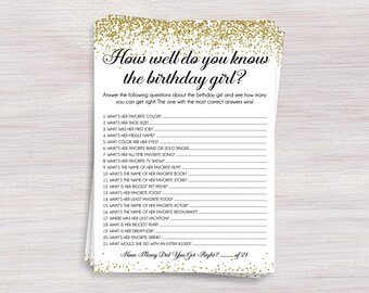 How well do you know the birthday girl, Birthday Quiz, Girl Birthday party game, Activity, Activities, Fun, Gold Birthday party ideas